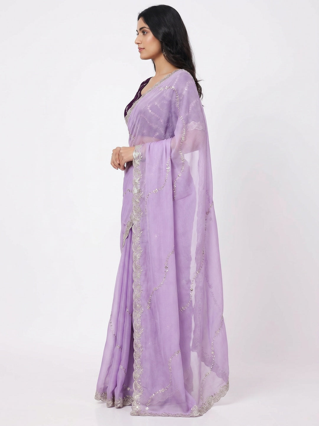 Lavender Floral Sequins Embroidered Chiffon Saree - Image 2