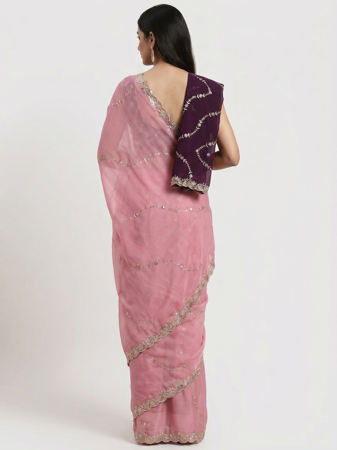 Pink Floral Sequins Embroidered Chiffon Saree - Image 2