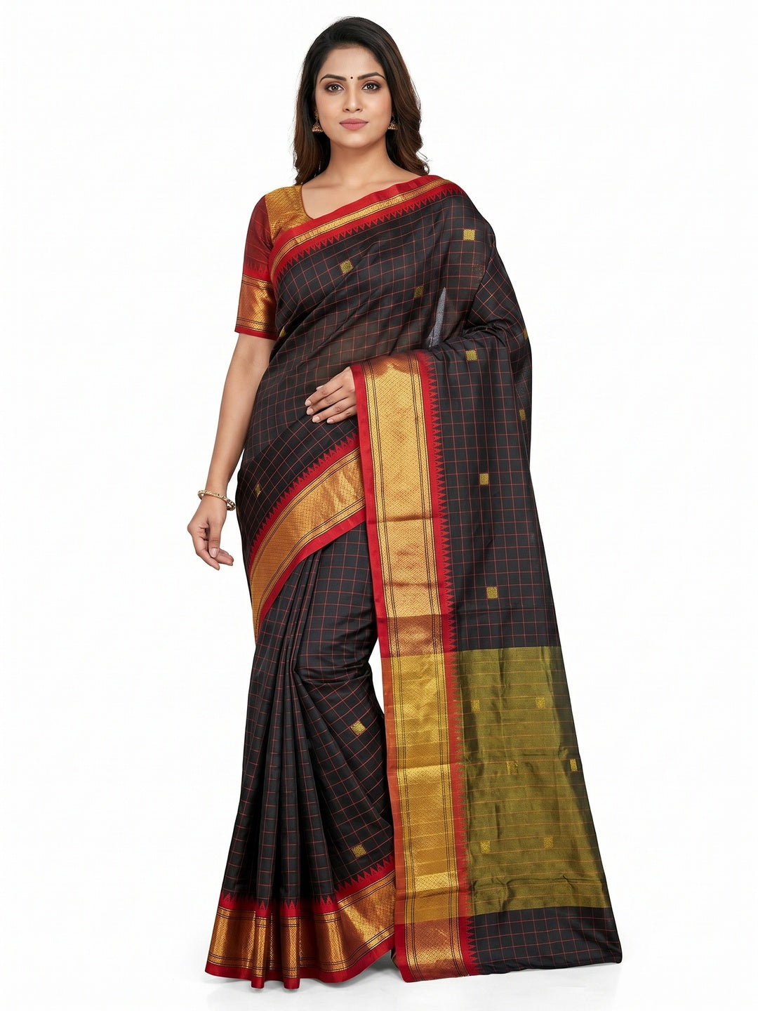 Black Woven Cotton Silk Saree With Tassels - Image 1