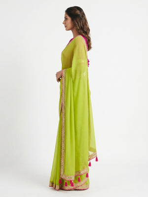 Green Solid Georgette Saree With Embroidered Lace Border Tassels - Image 2