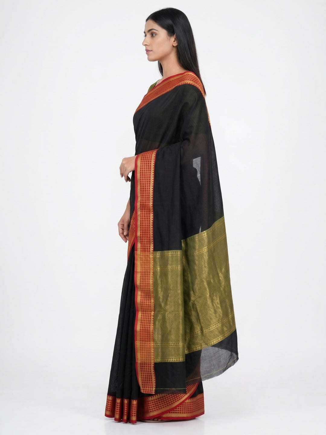 Black Woven Cotton Silk Saree With Tassels - Image 2