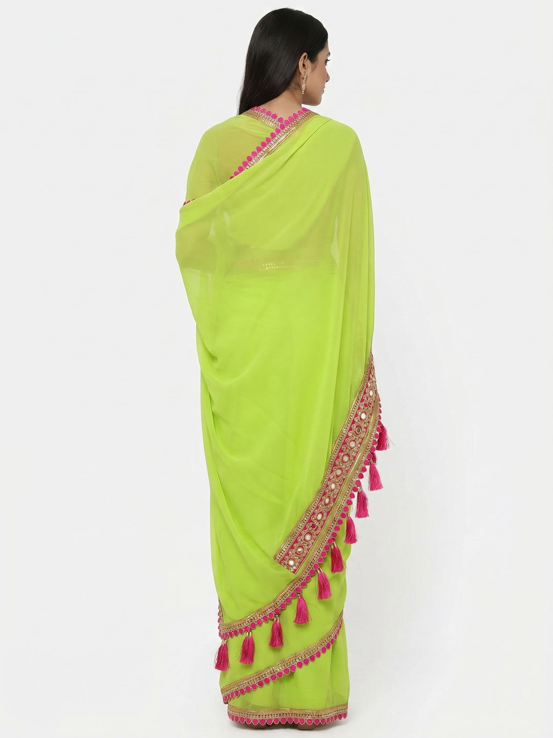 Green Solid Georgette Saree With Embroidered Lace Border Tassels - Image 3
