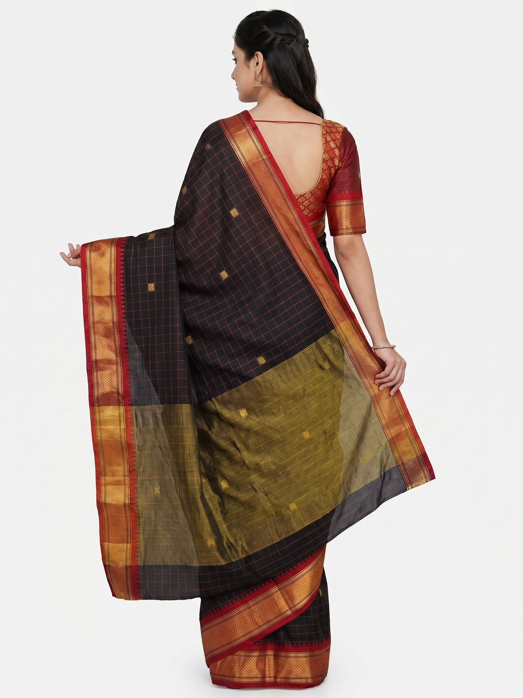 Black Woven Cotton Silk Saree With Tassels - Image 3