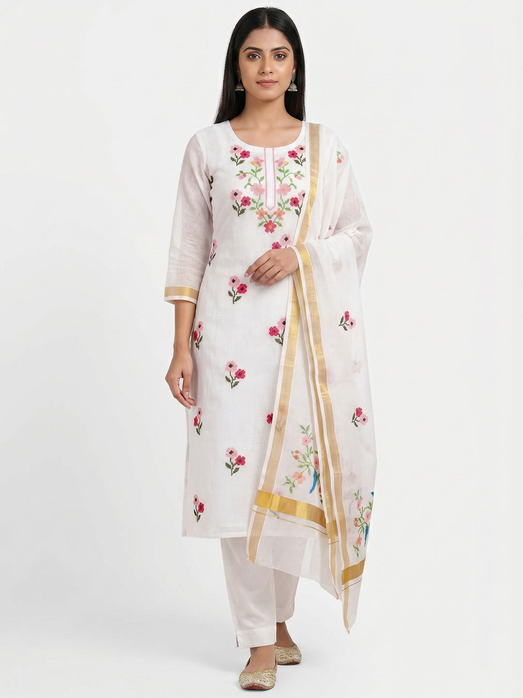 White Floral Embroidered Kota Doria Dress Material - Image 4