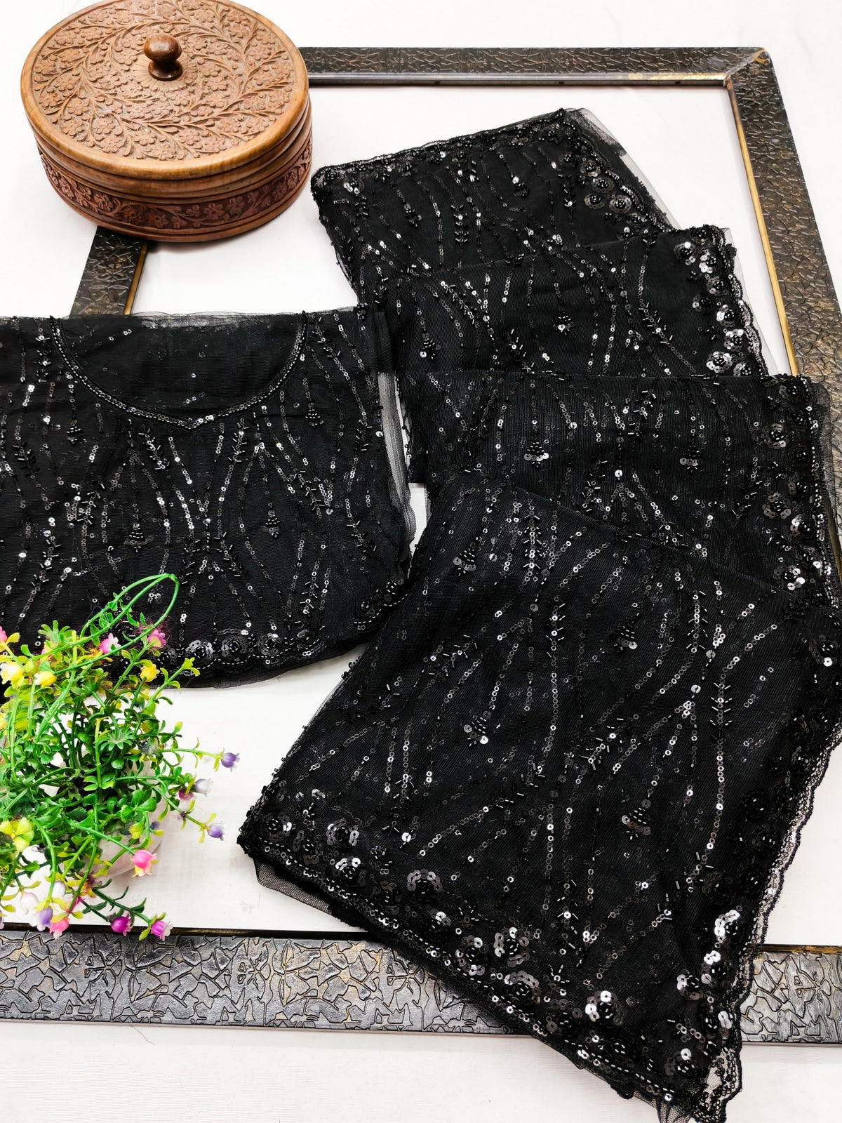 Peachmode Black Net Sequins Work Party Wear Saree - Image 2