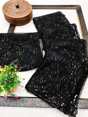 Peachmode Black Net Sequins Work Party Wear Saree - Image 2