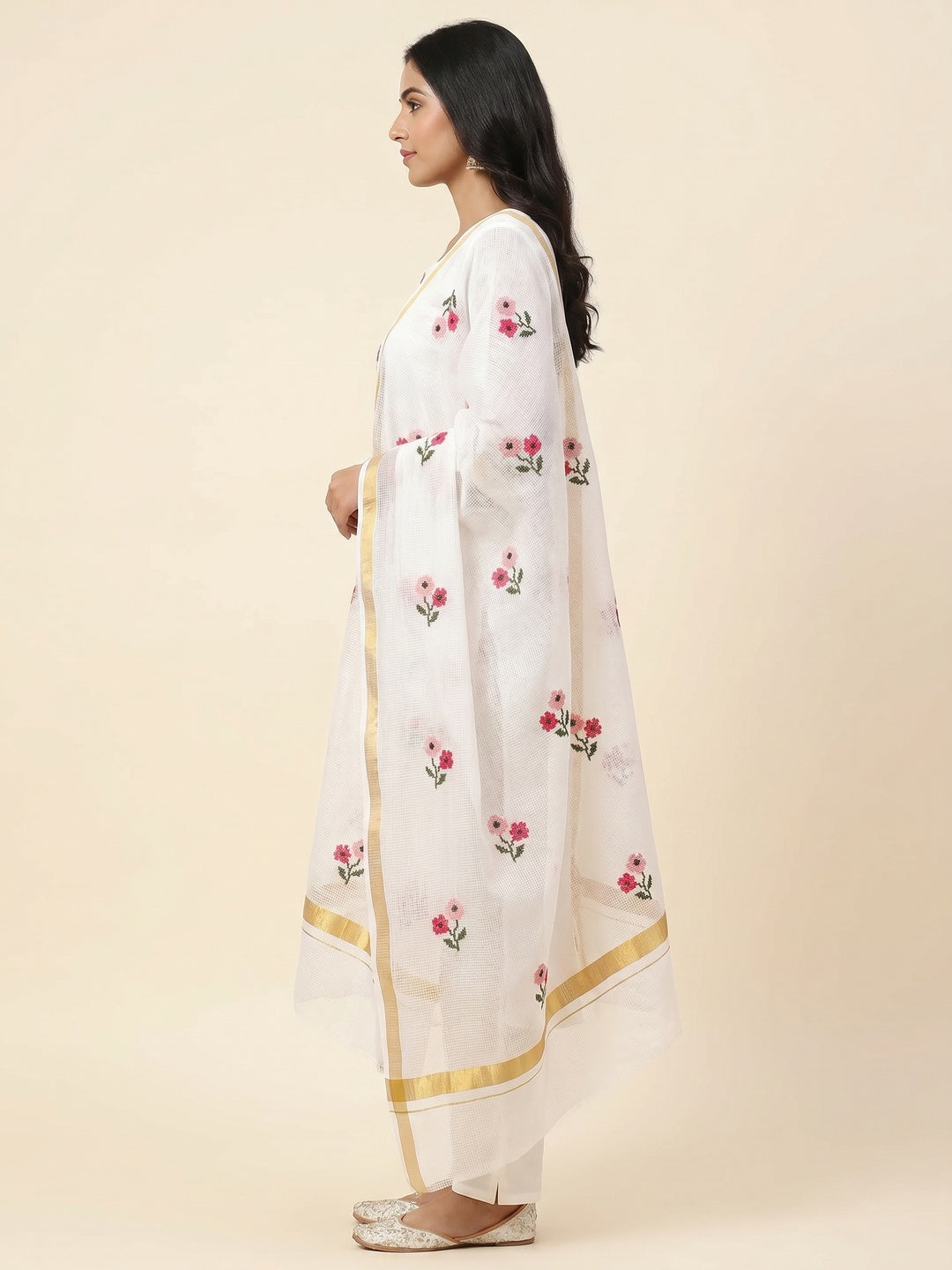White Floral Embroidered Kota Doria Dress Material - Image 3