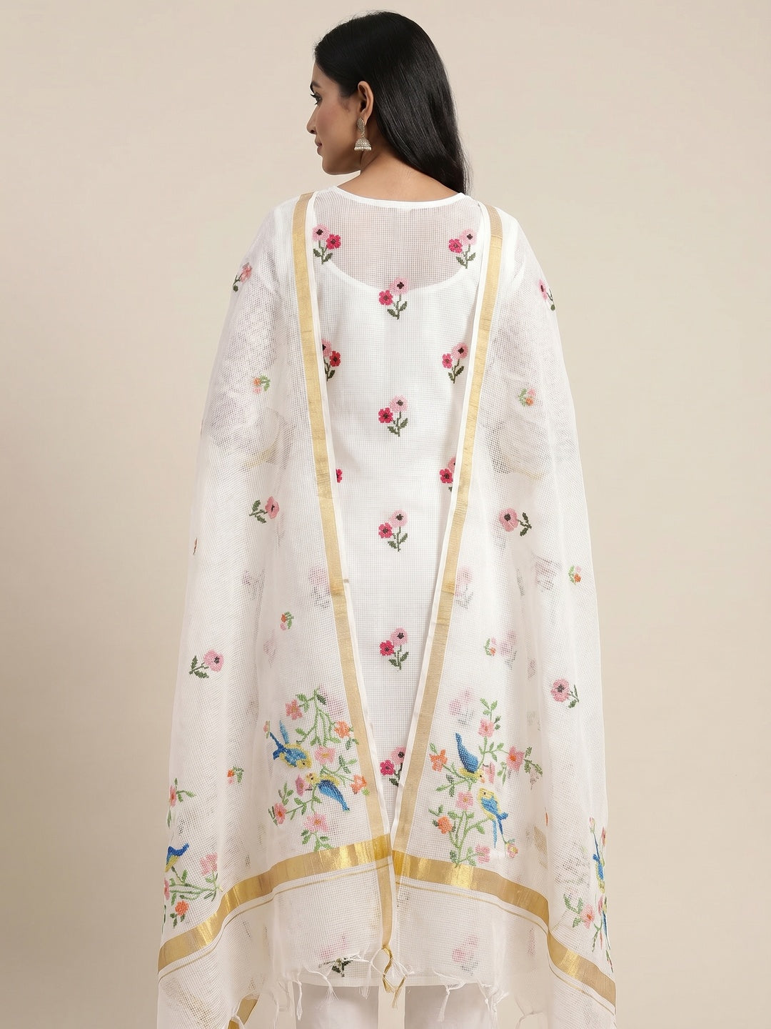 White Floral Embroidered Kota Doria Dress Material - Image 2