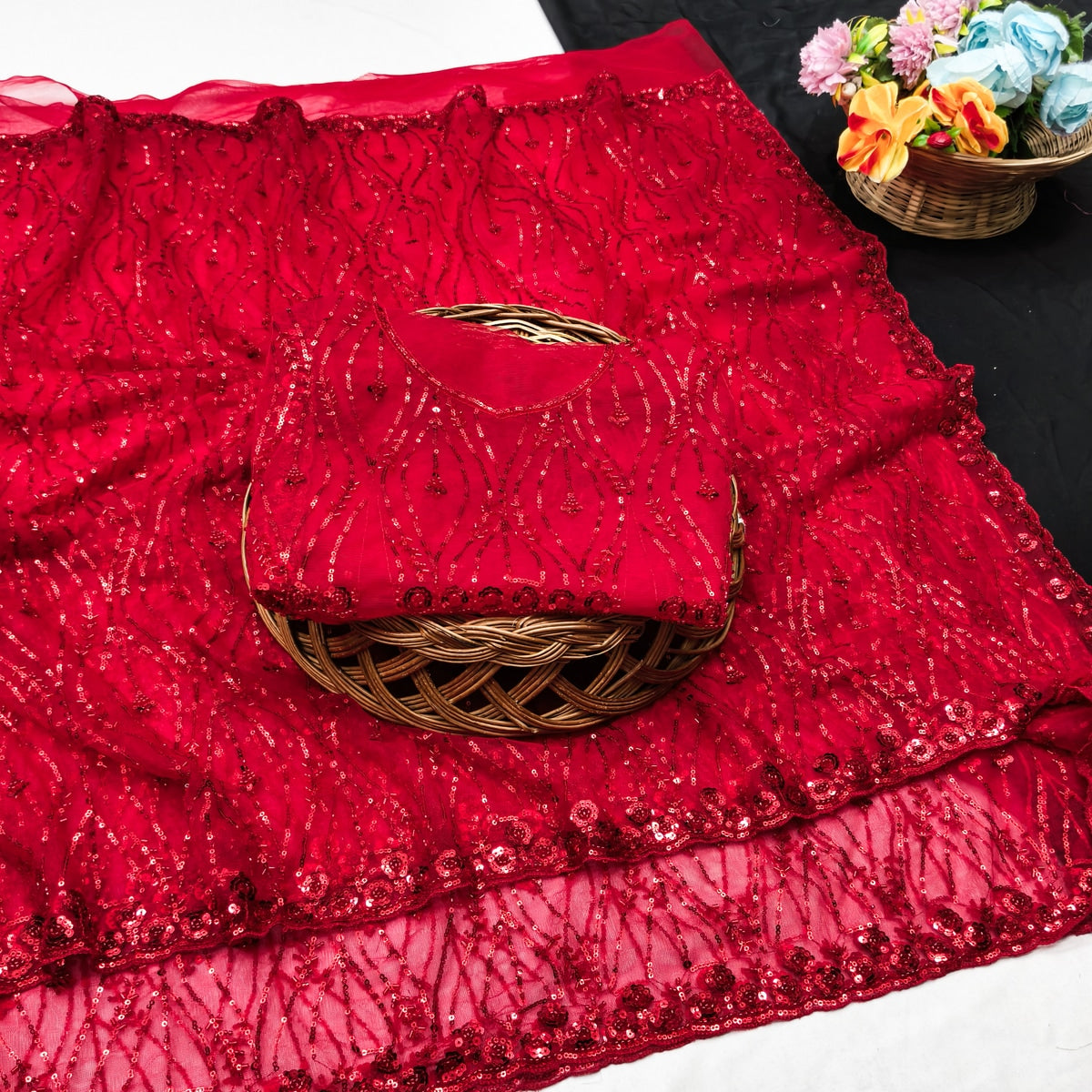 Peachmode Red Net Sequins Work Party Wear Saree - Image 3