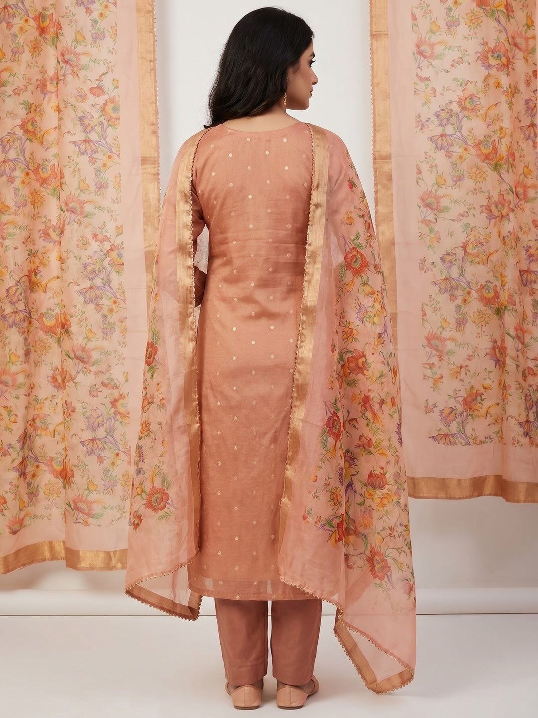 Peach Zari Work Woven Net Dress Material - Image 3