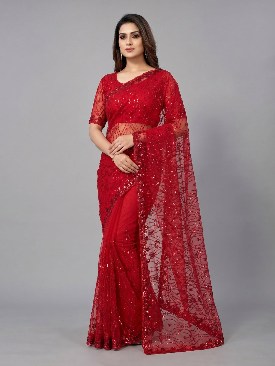 Peachmode Red Net Sequins Work Party Wear Saree - Image 1