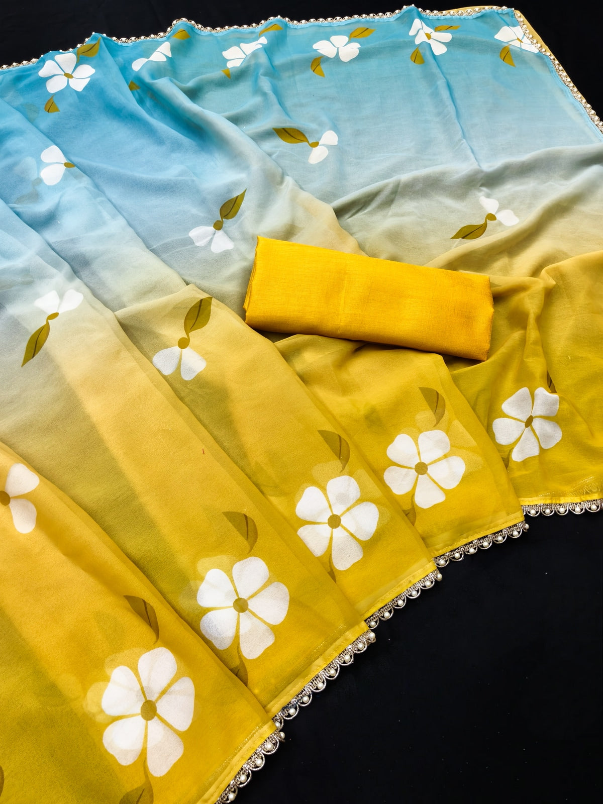 Peachmode Mustard Yellow Georgette Floral Printed Saree - Image 3