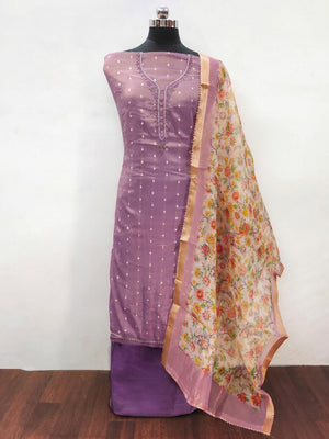 Purple Zari Work Woven Net Dress Material - Image 1