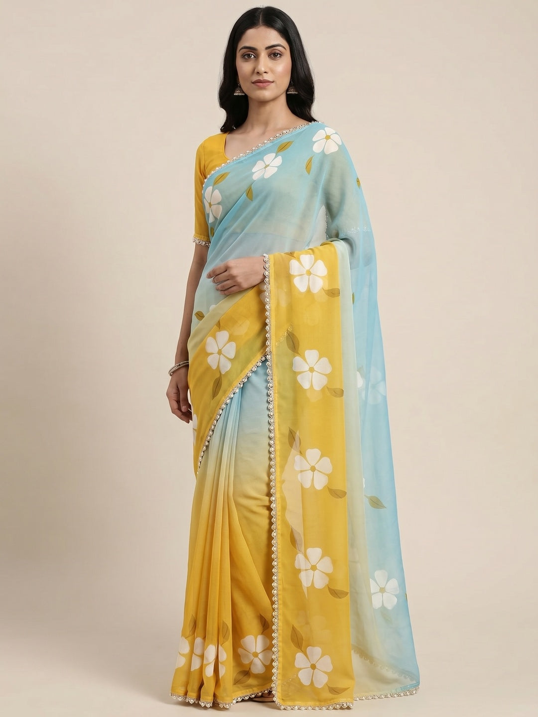 Peachmode Mustard Yellow Georgette Floral Printed Saree - Image 1