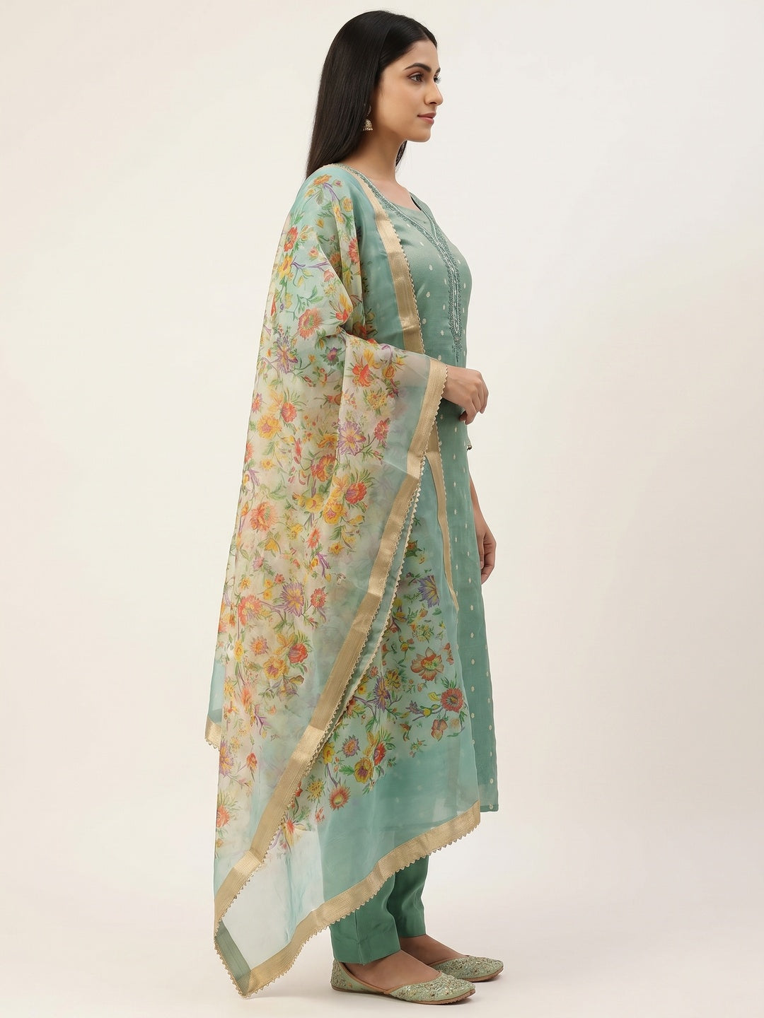 Sea Green Zari Work Woven Net Dress Material - Image 3