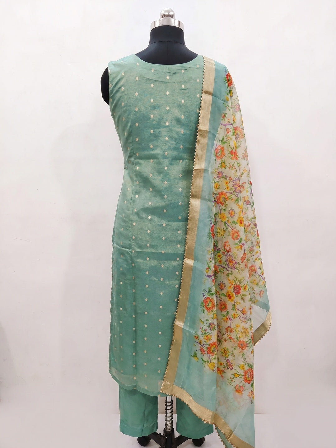 Sea Green Zari Work Woven Net Dress Material - Image 2