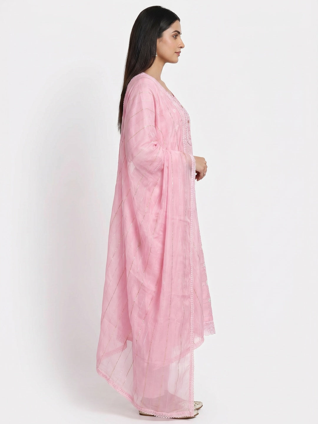 Pink Sequins Embroidery Chanderi Silk Dress Material - Image 2