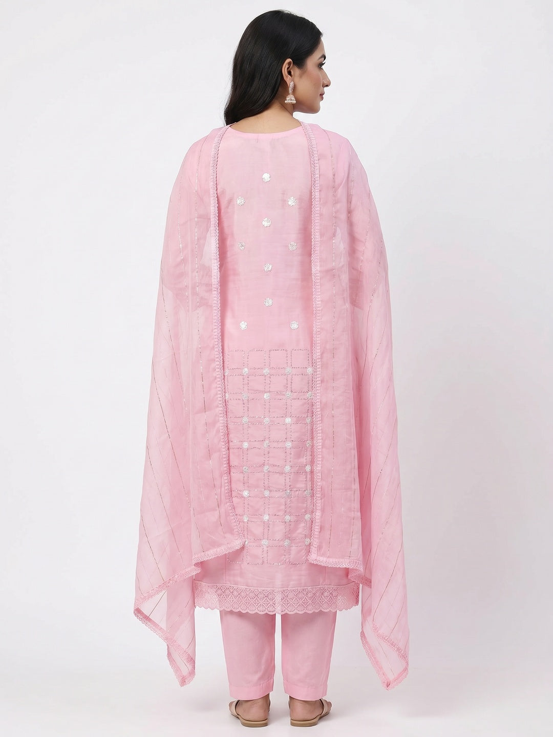 Pink Sequins Embroidery Chanderi Silk Dress Material - Image 3