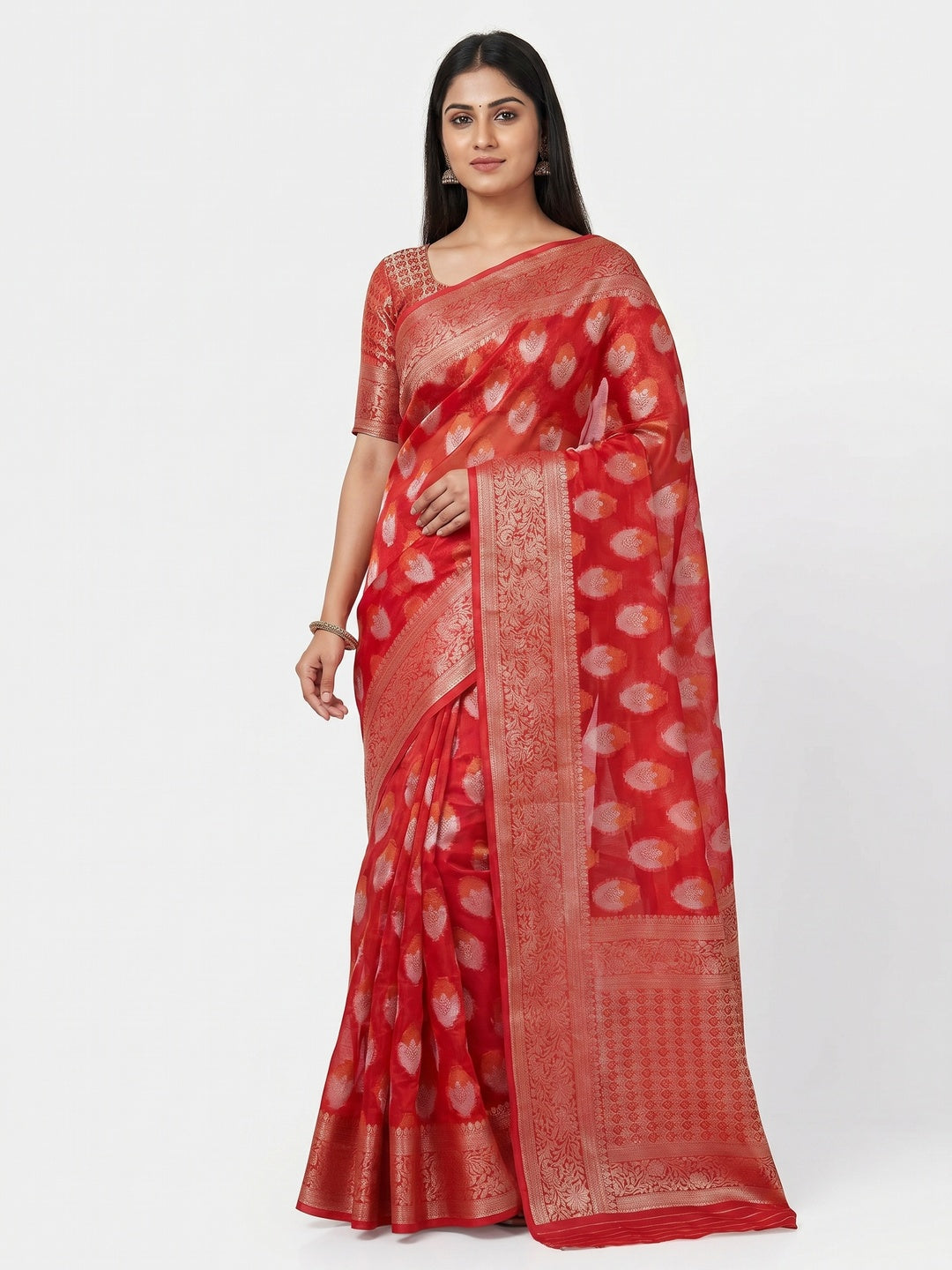 Red Floral Woven Organza Saree - Image 1