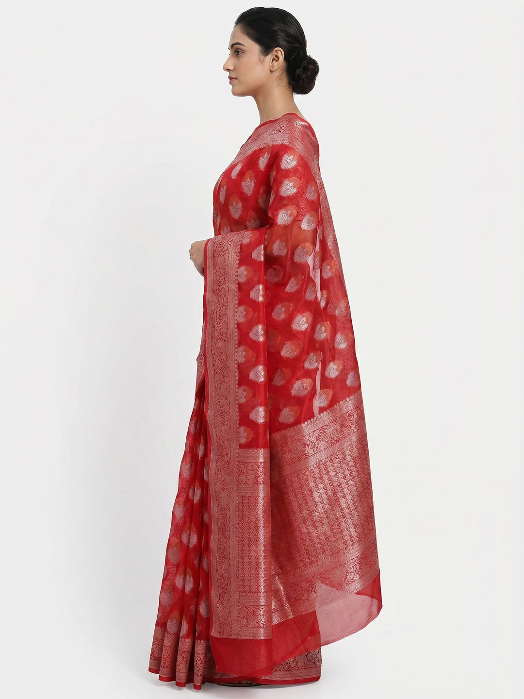 Red Floral Woven Organza Saree - Image 2