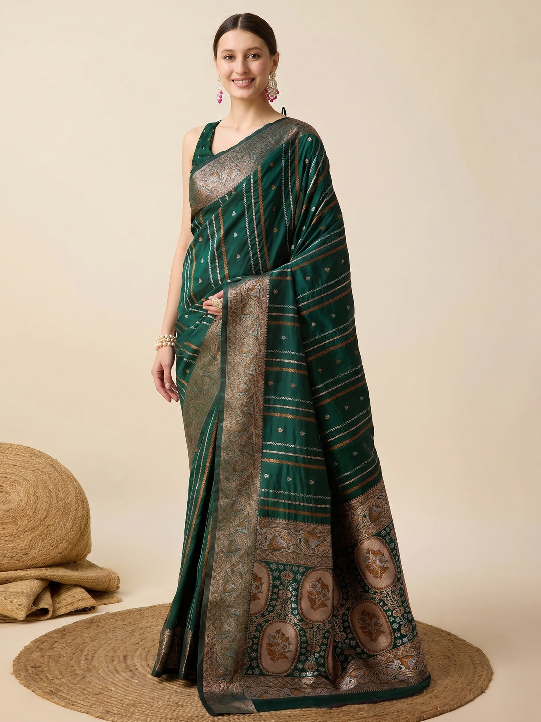 Green Floral Woven Pure Silk Saree - Image 1