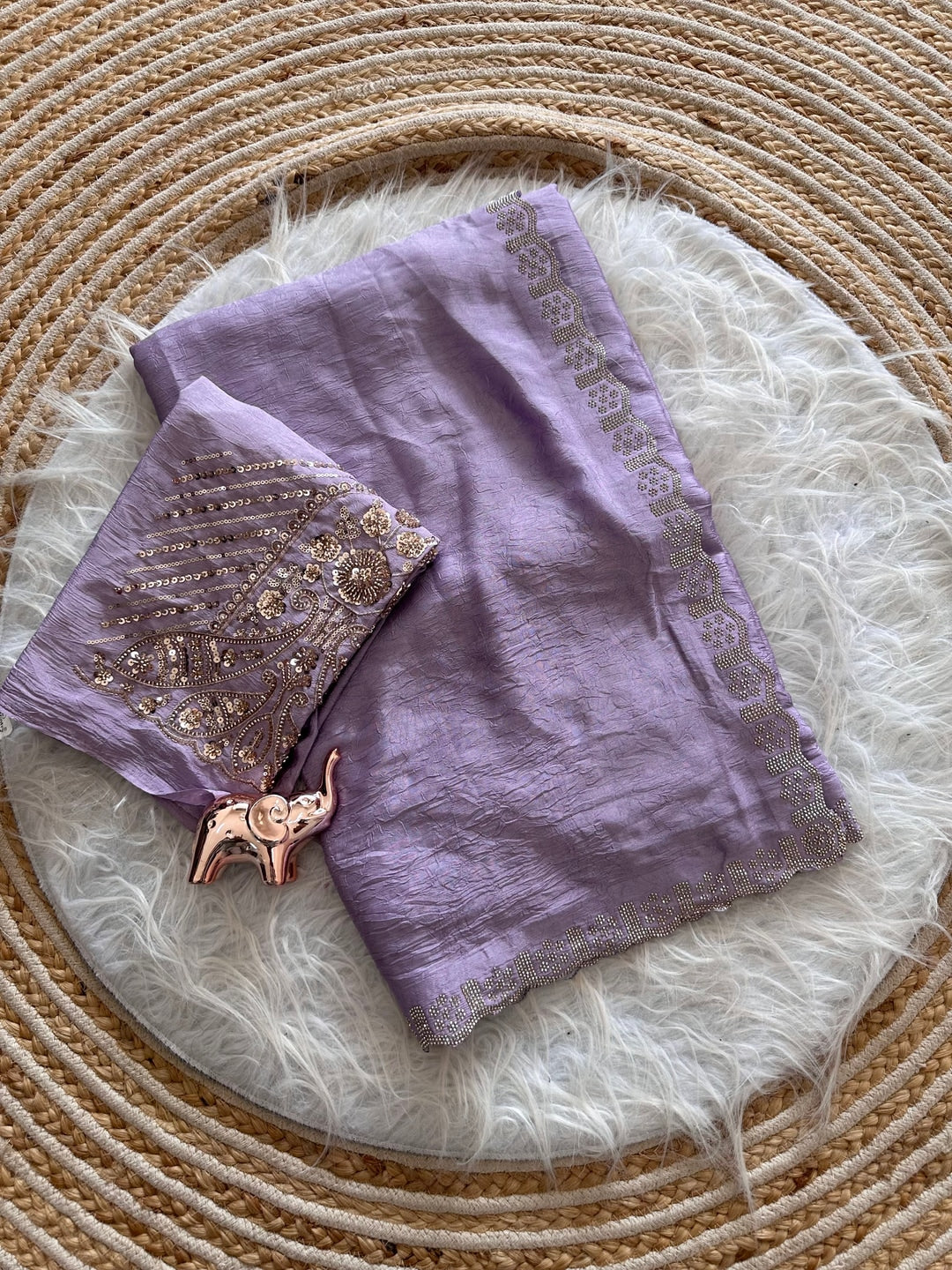Peachmode Lavender Soft Crunchy Silk Saree with Diamond and Embroidery Work - Image 2