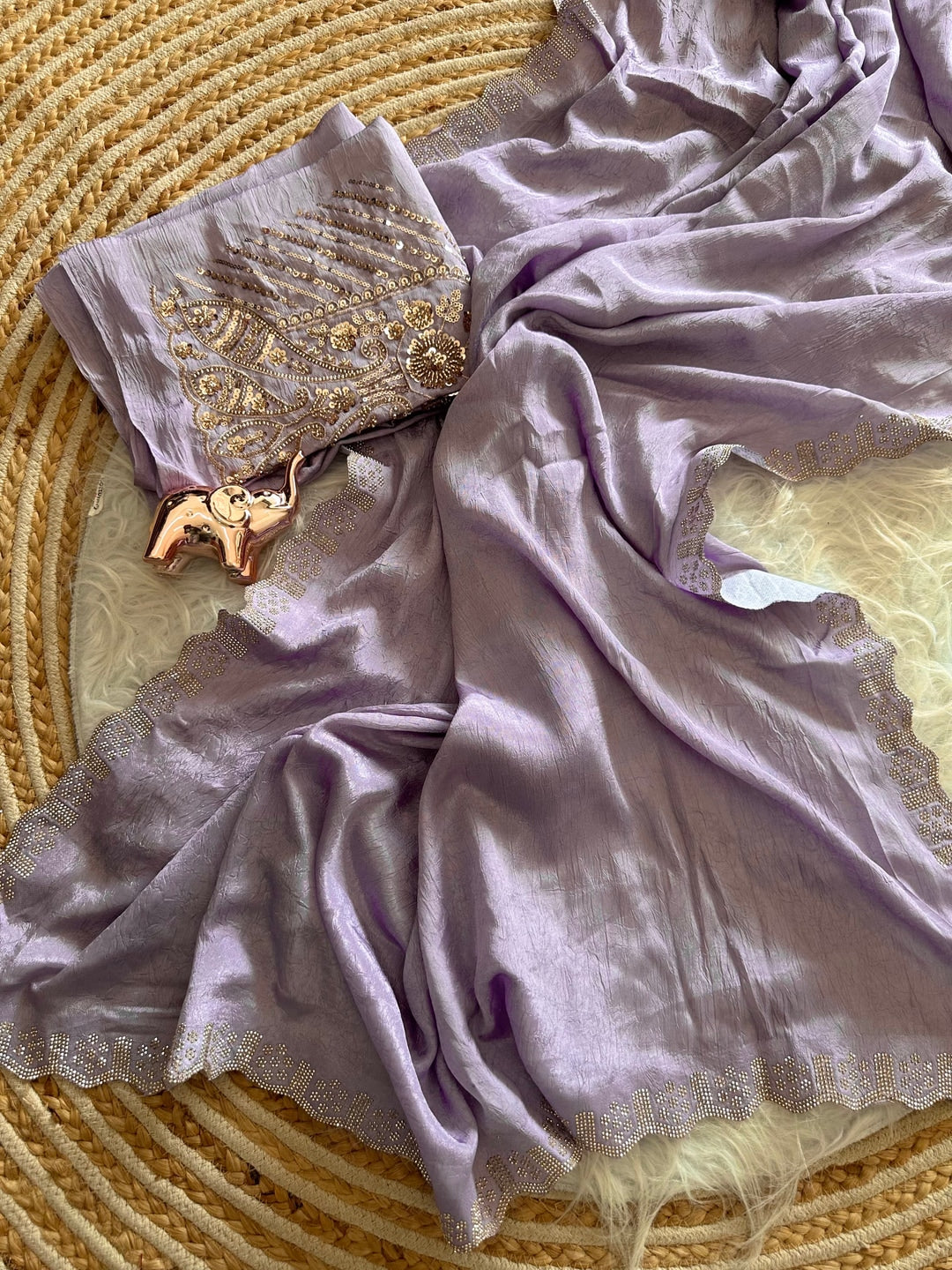 Peachmode Lavender Soft Crunchy Silk Saree with Diamond and Embroidery Work - Image 5