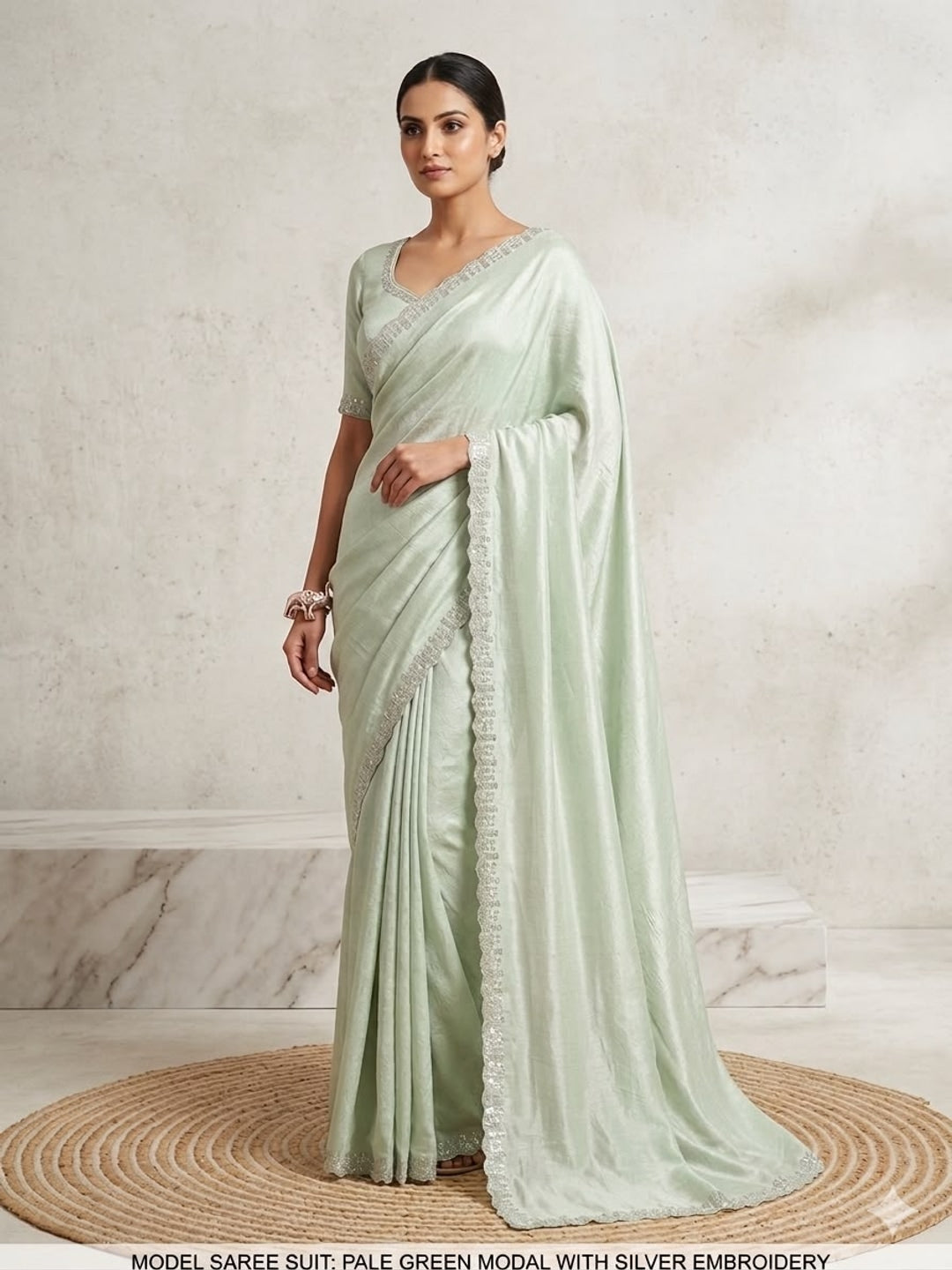 Peachmode Green Soft Crunchy Silk Saree with Diamond and Embroidery Work - Image 1