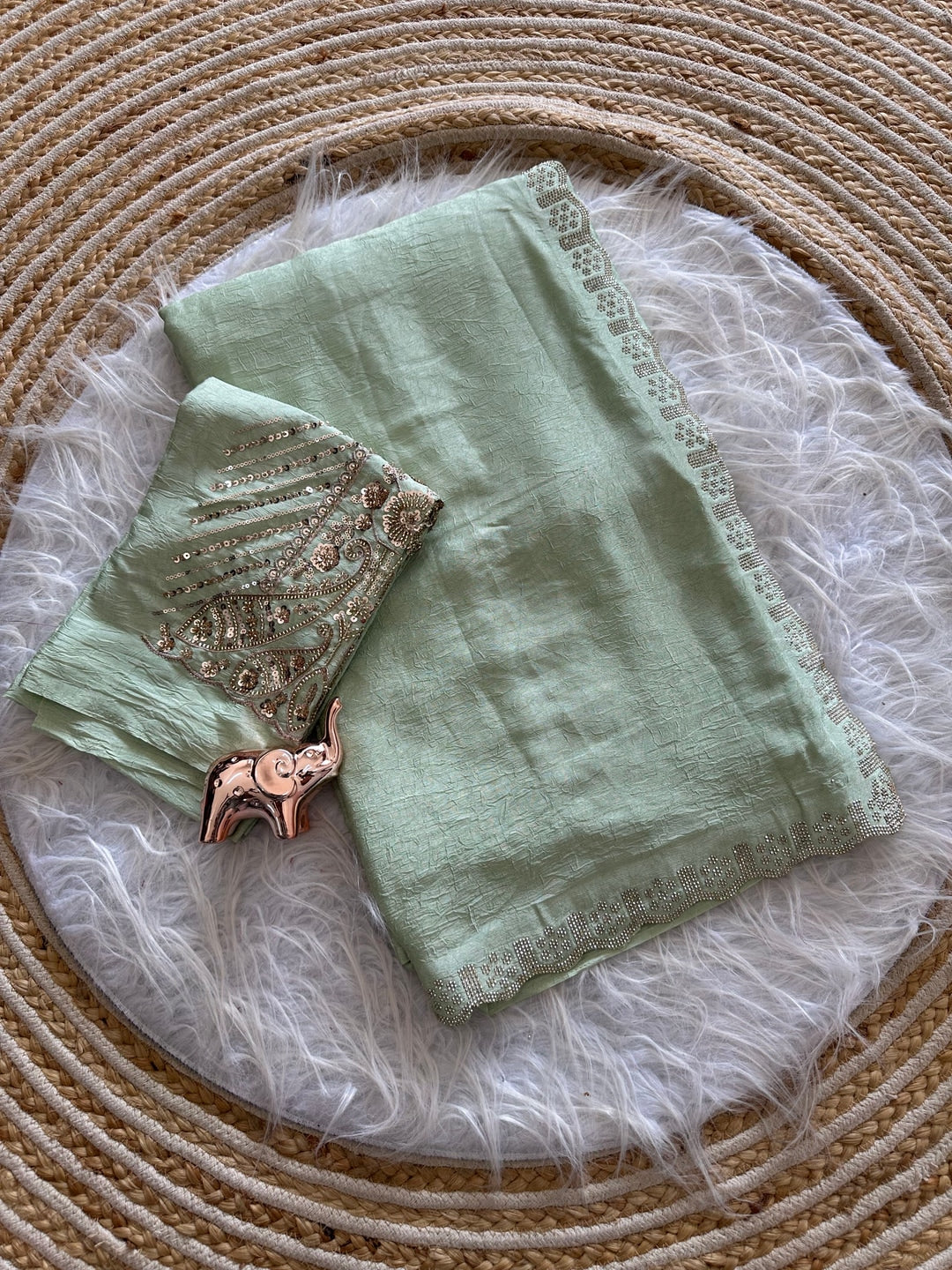 Peachmode Green Soft Crunchy Silk Saree with Diamond and Embroidery Work - Image 2