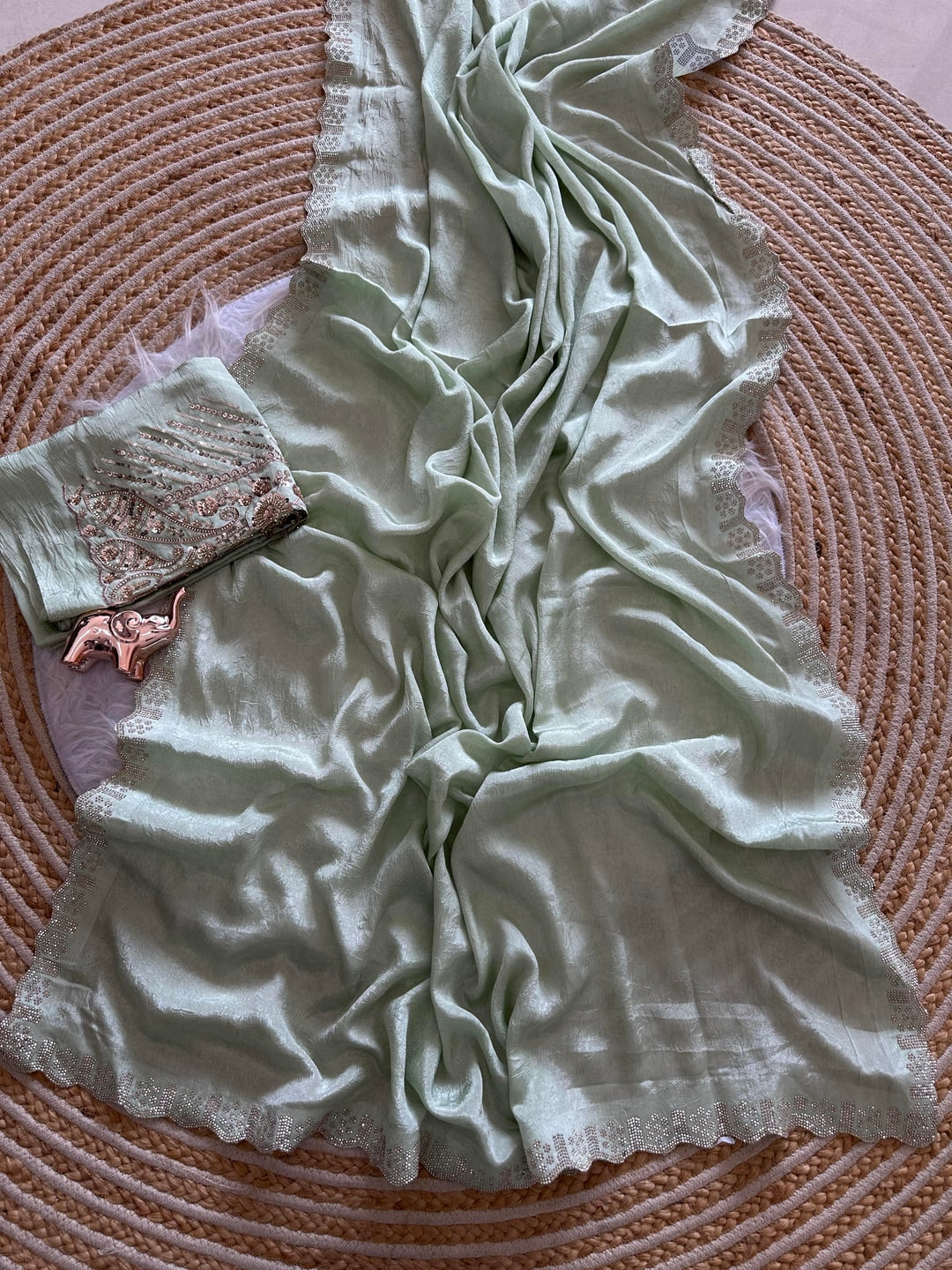 Peachmode Green Soft Crunchy Silk Saree with Diamond and Embroidery Work - Image 3