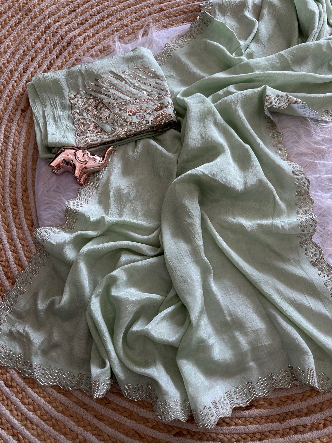 Peachmode Green Soft Crunchy Silk Saree with Diamond and Embroidery Work - Image 5