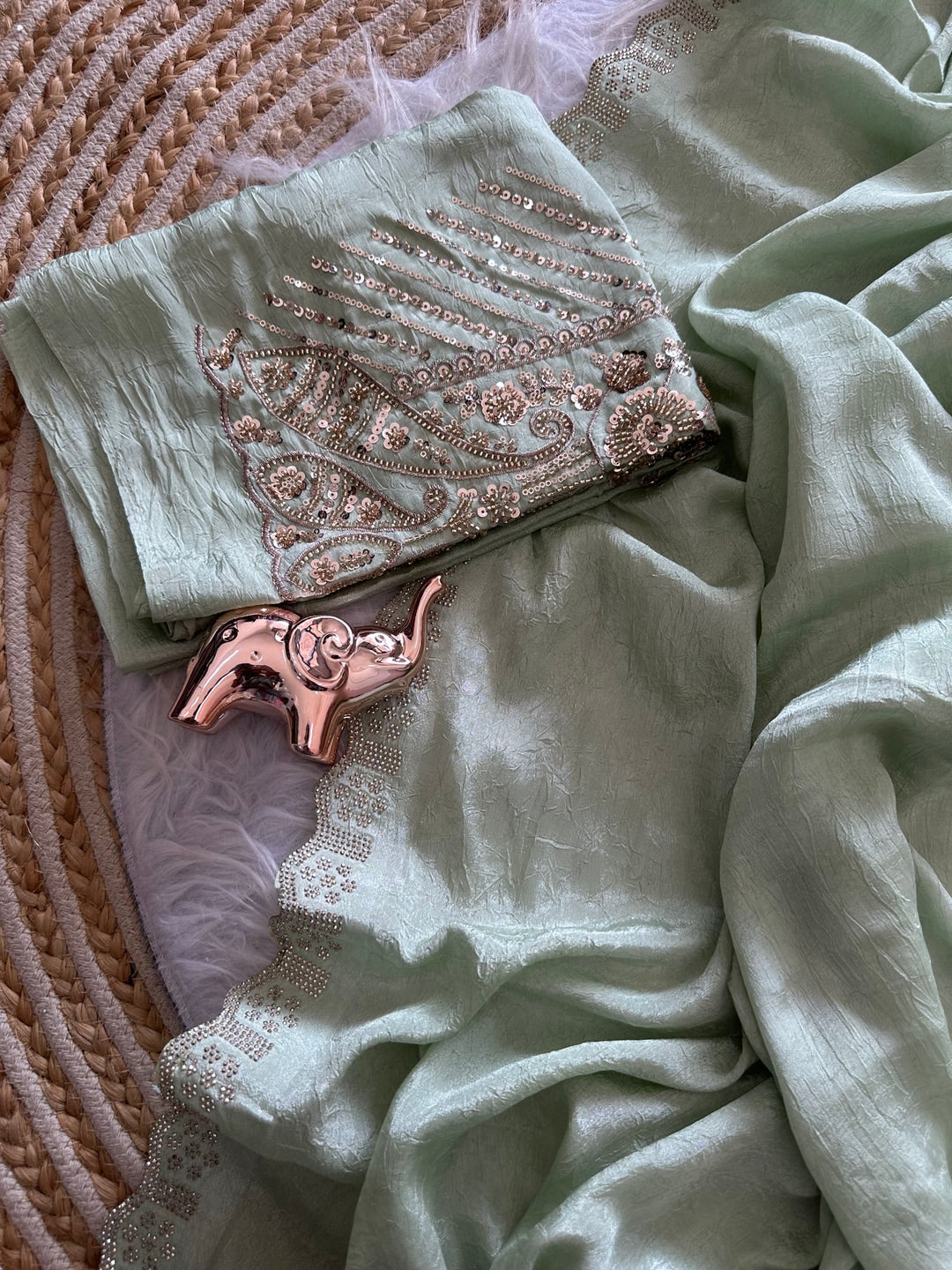 Peachmode Green Soft Crunchy Silk Saree with Diamond and Embroidery Work - Image 6
