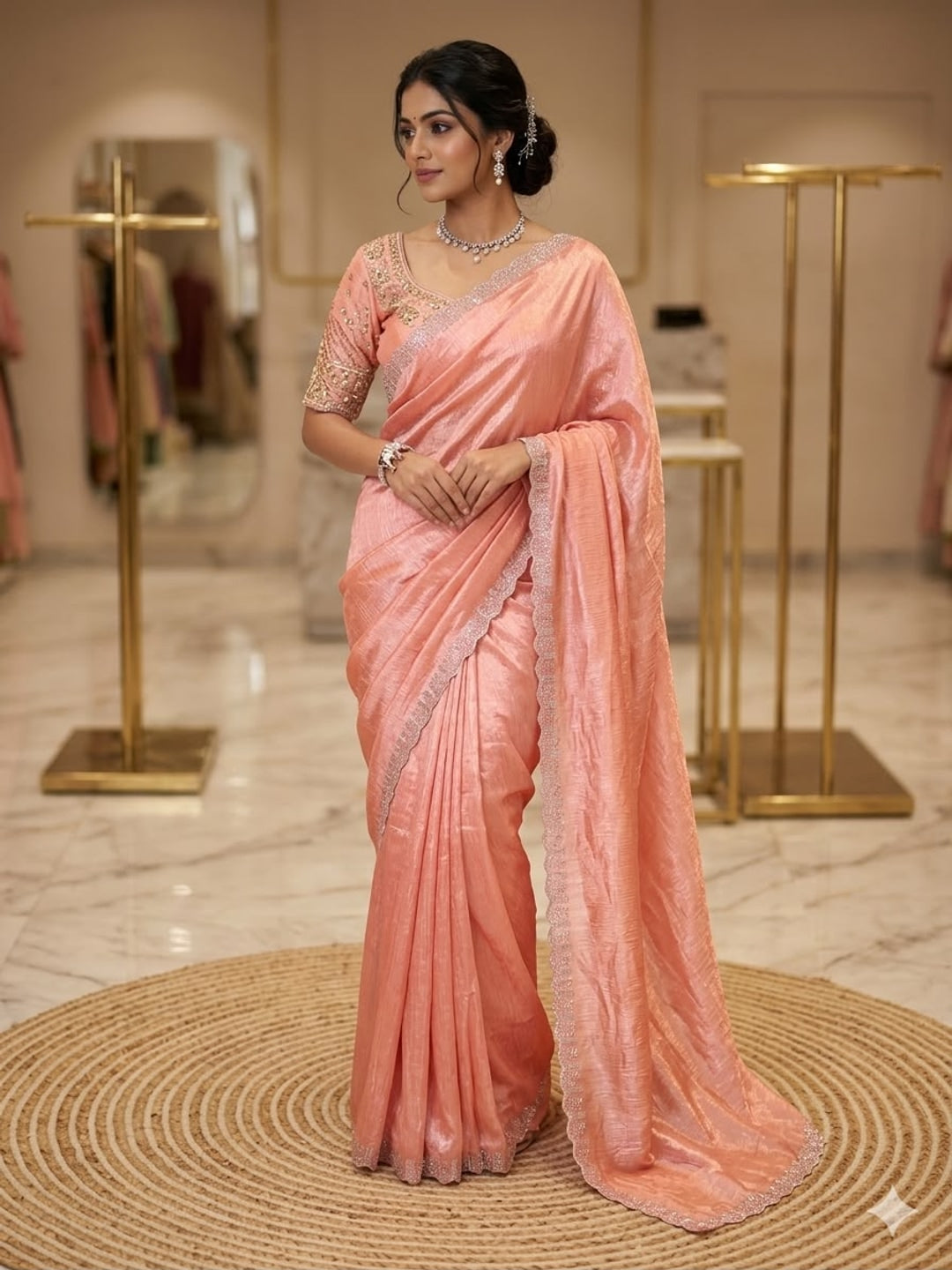 Peachmode Peach Soft Crunchy Silk Saree with Diamond and Embroidery Work - Image 1