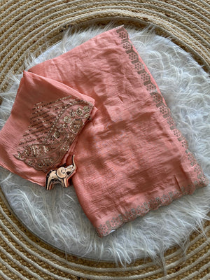 Peachmode Peach Soft Crunchy Silk Saree with Diamond and Embroidery Work - Image 2