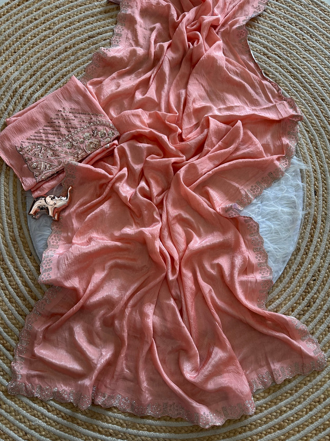 Peachmode Peach Soft Crunchy Silk Saree with Diamond and Embroidery Work - Image 3
