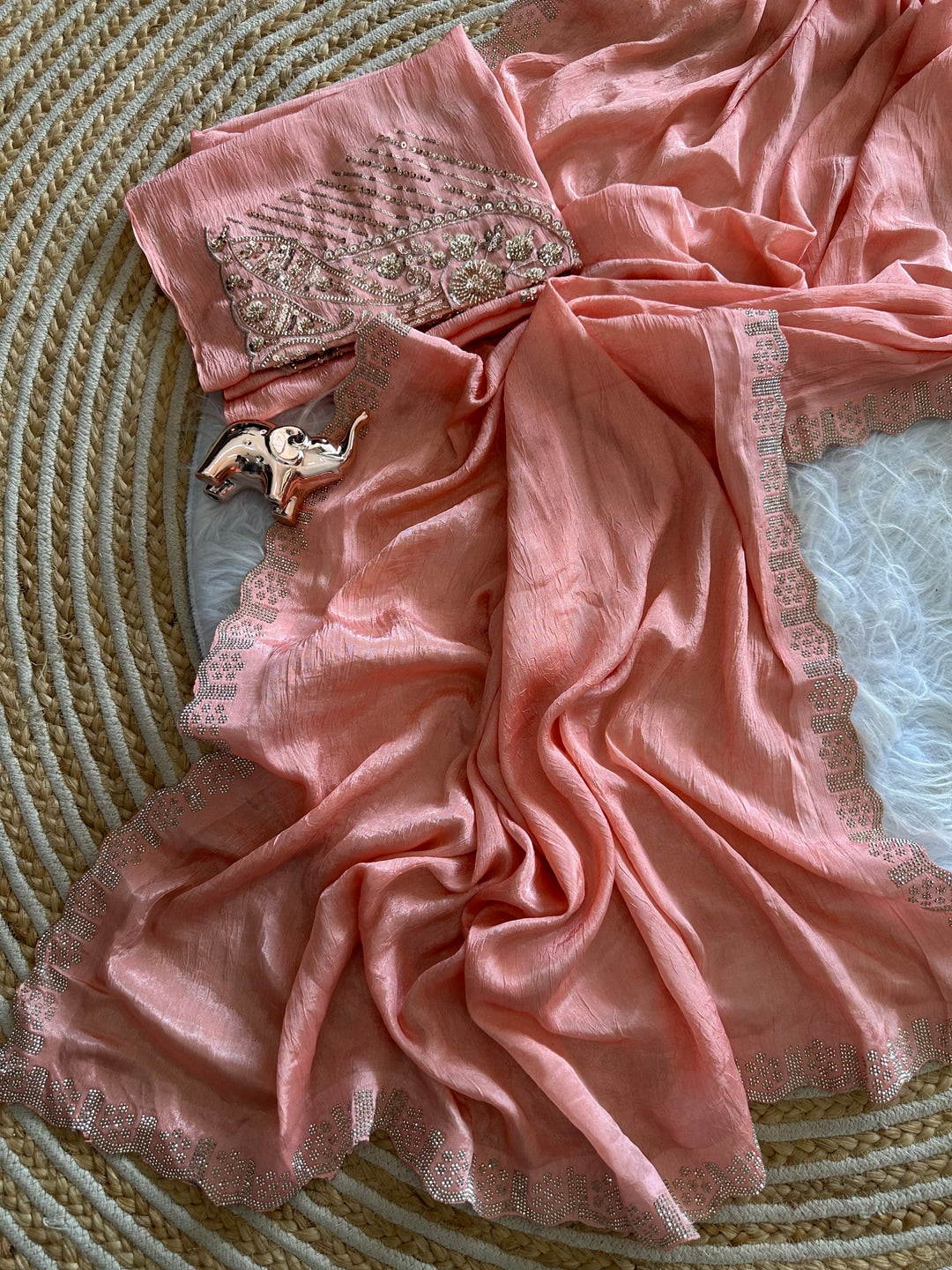 Peachmode Peach Soft Crunchy Silk Saree with Diamond and Embroidery Work - Image 5