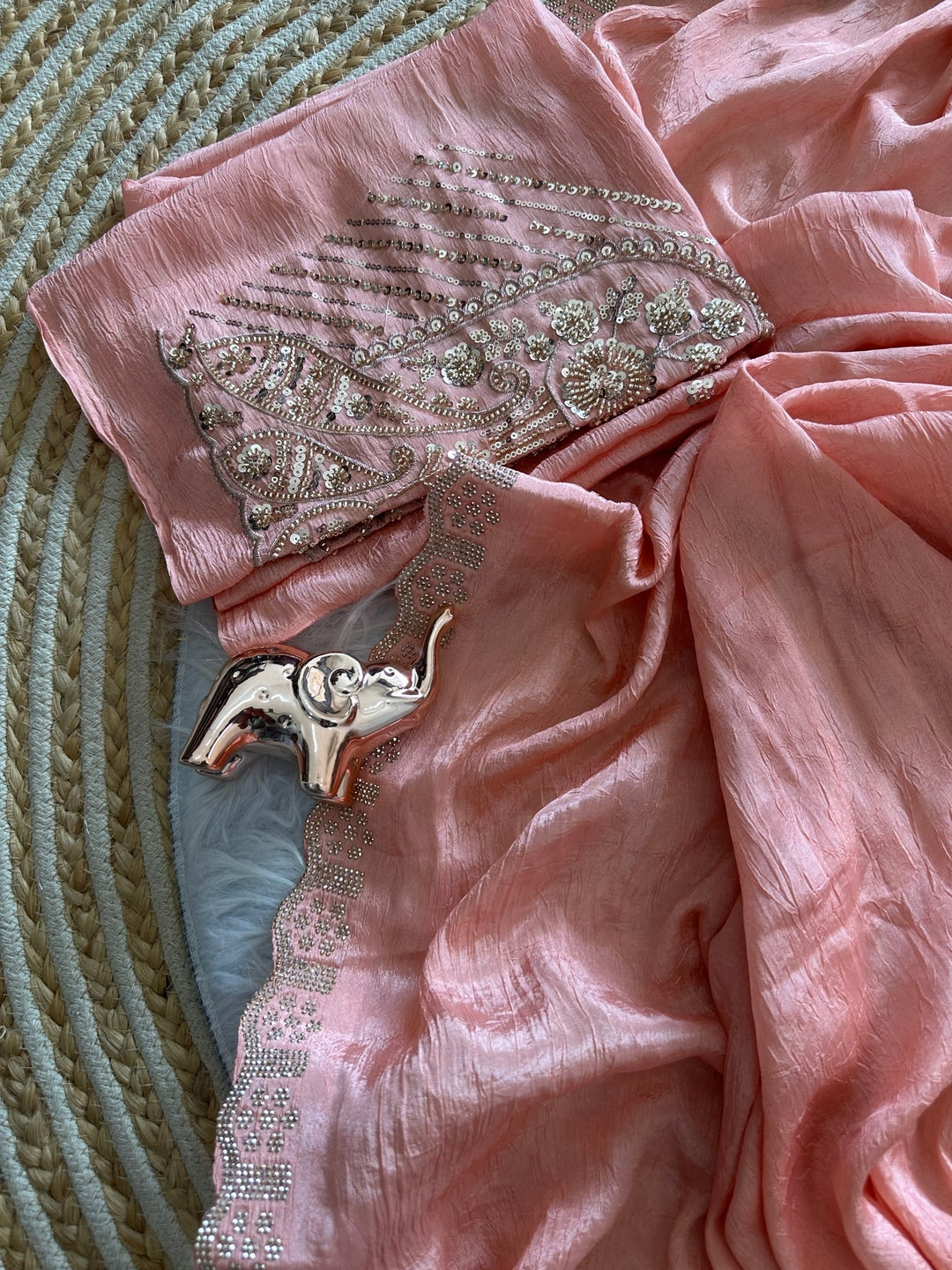 Peachmode Peach Soft Crunchy Silk Saree with Diamond and Embroidery Work - Image 6