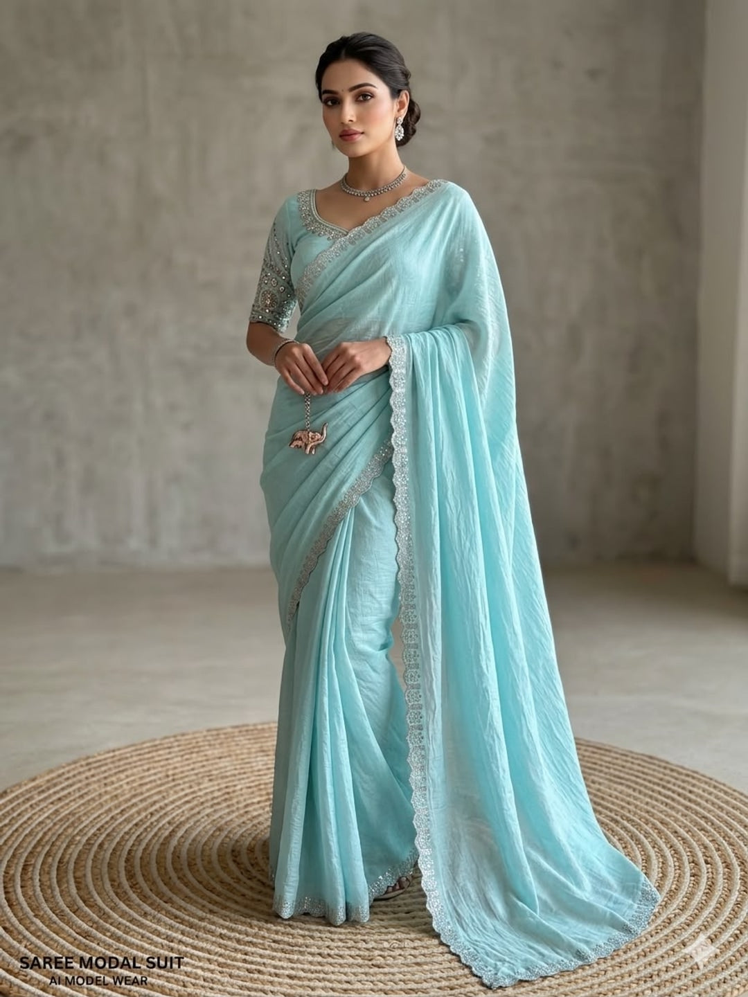 Peachmode Blue Soft Crunchy Silk Saree with Diamond and Embroidery Work - Image 1