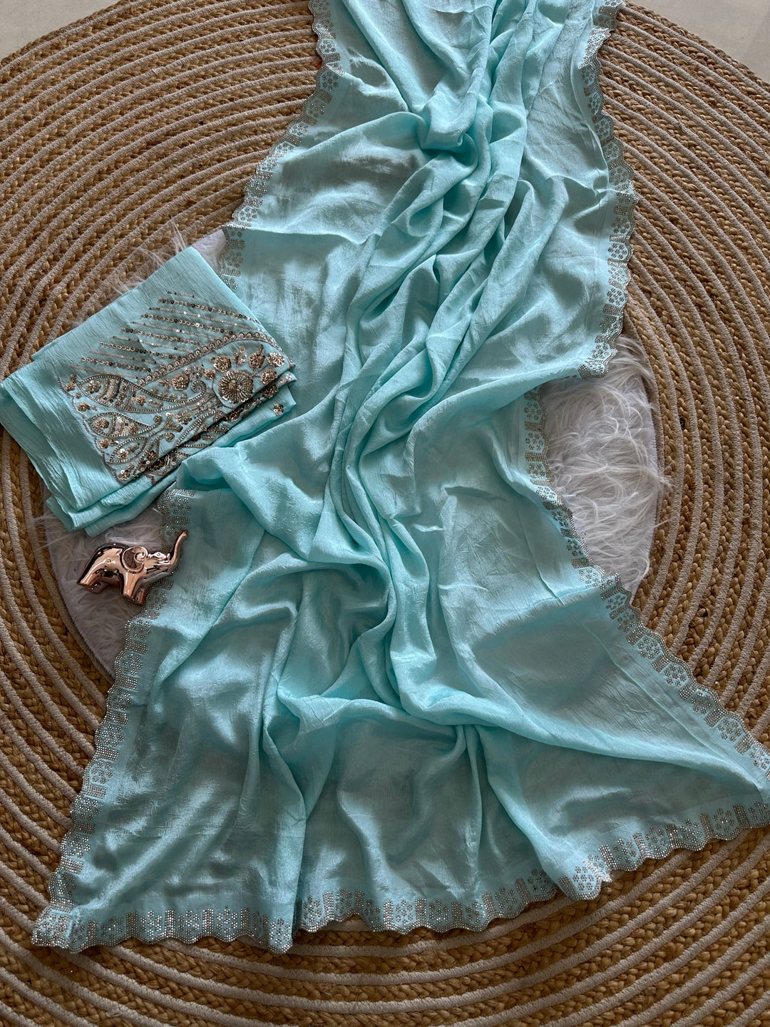 Peachmode Blue Soft Crunchy Silk Saree with Diamond and Embroidery Work - Image 3