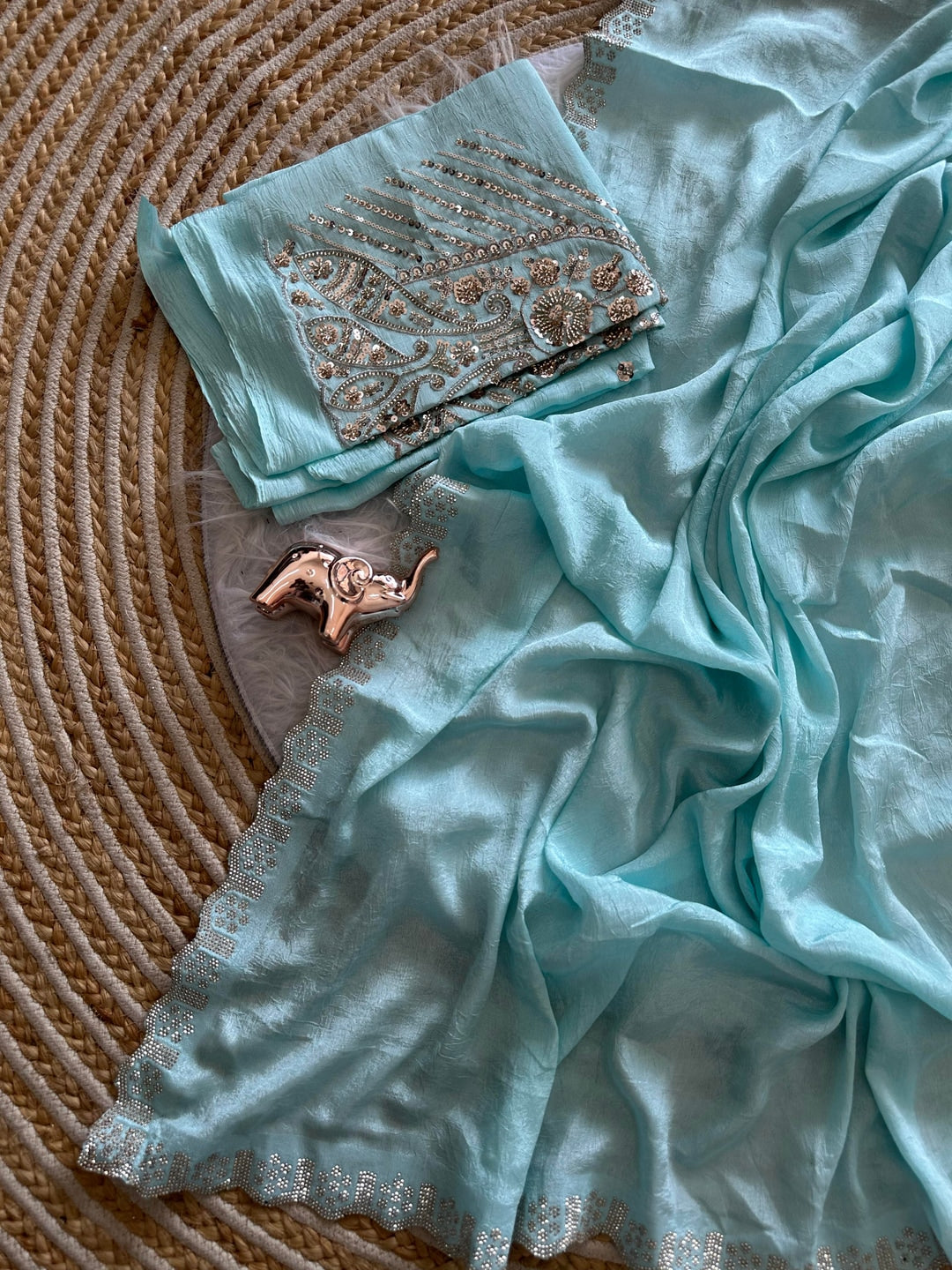 Peachmode Blue Soft Crunchy Silk Saree with Diamond and Embroidery Work - Image 4