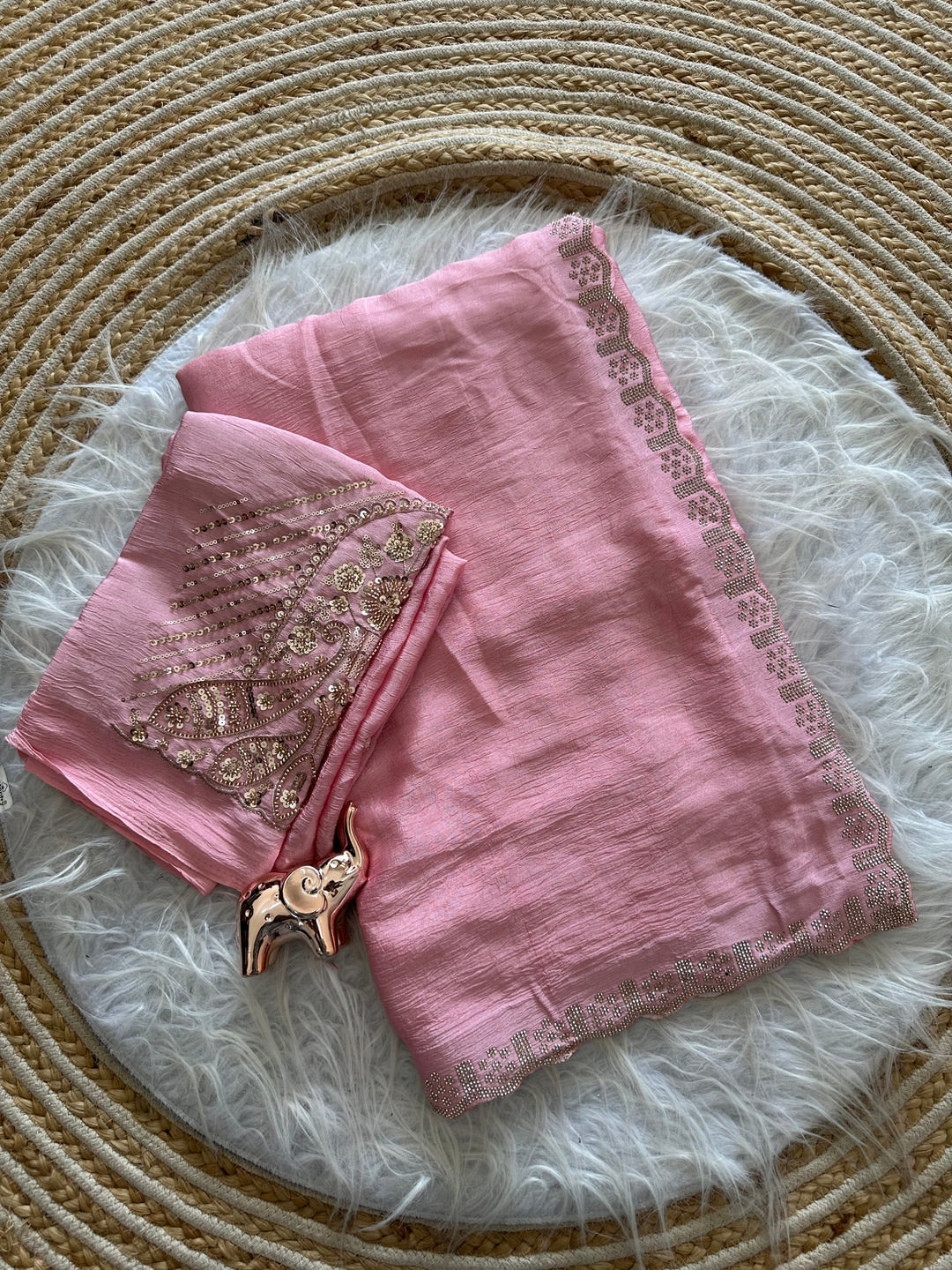 Peachmode Pink Soft Crunchy Silk Saree with Diamond and Embroidery Work - Image 2