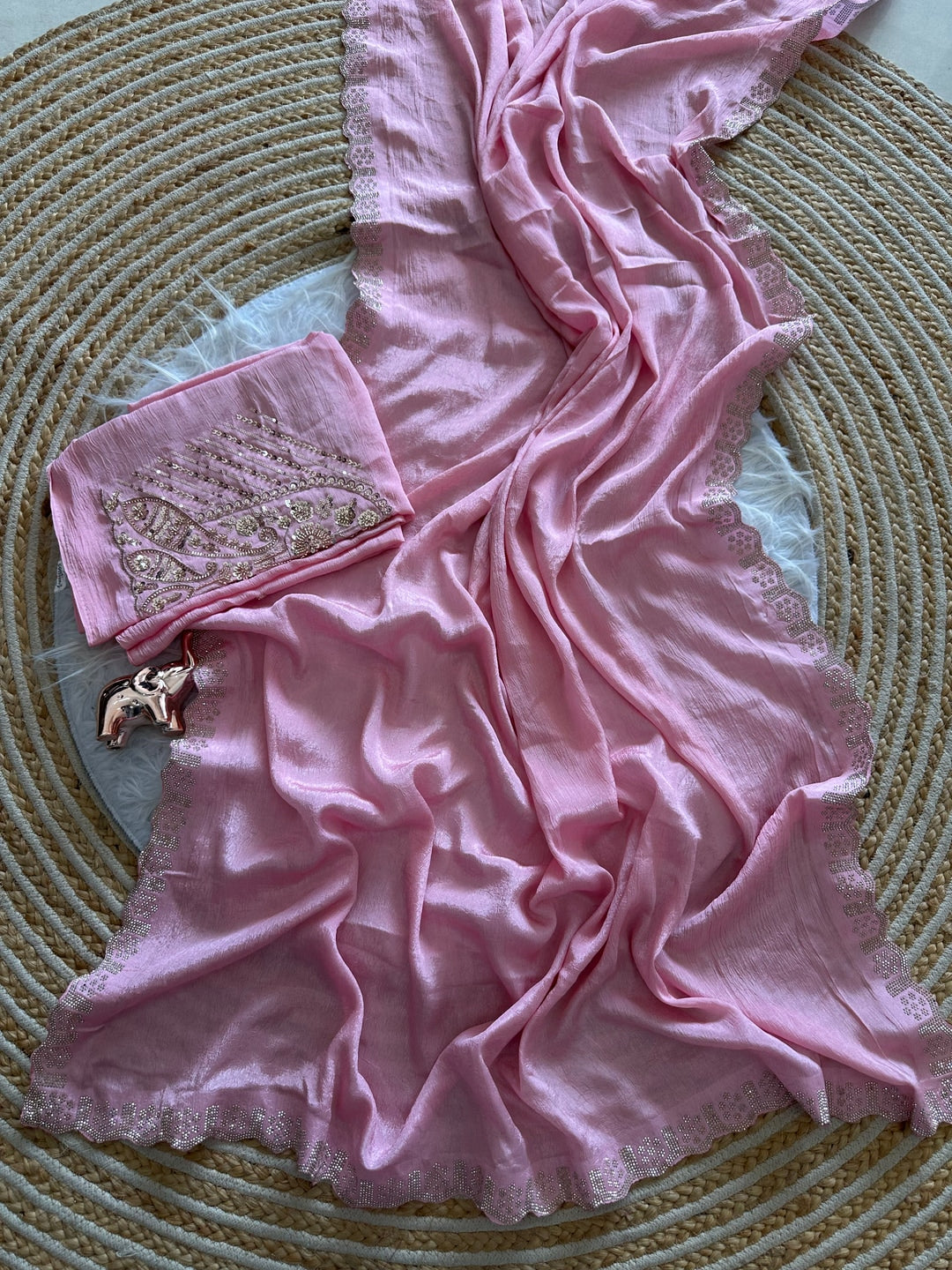 Peachmode Pink Soft Crunchy Silk Saree with Diamond and Embroidery Work - Image 3