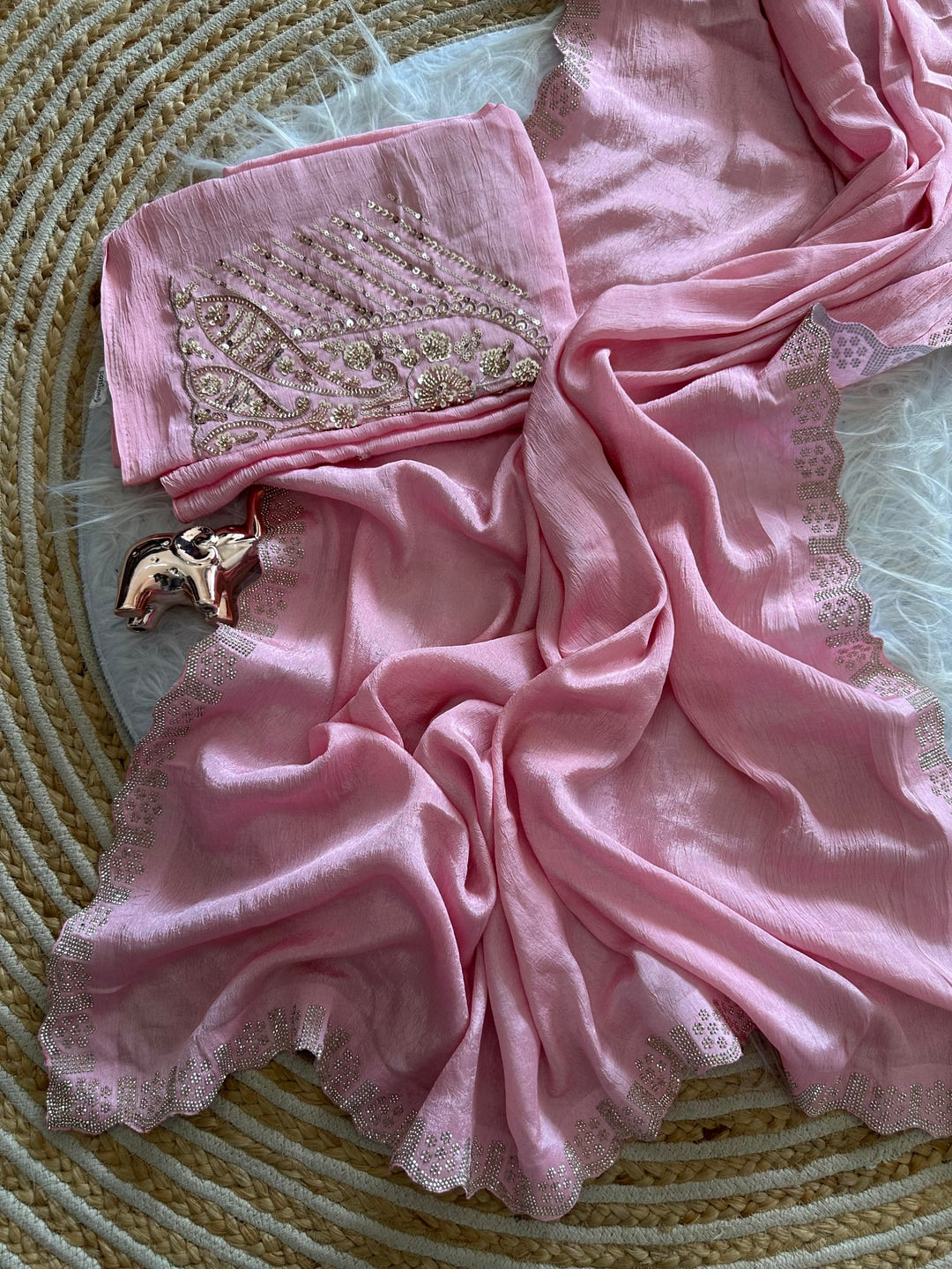 Peachmode Pink Soft Crunchy Silk Saree with Diamond and Embroidery Work - Image 5