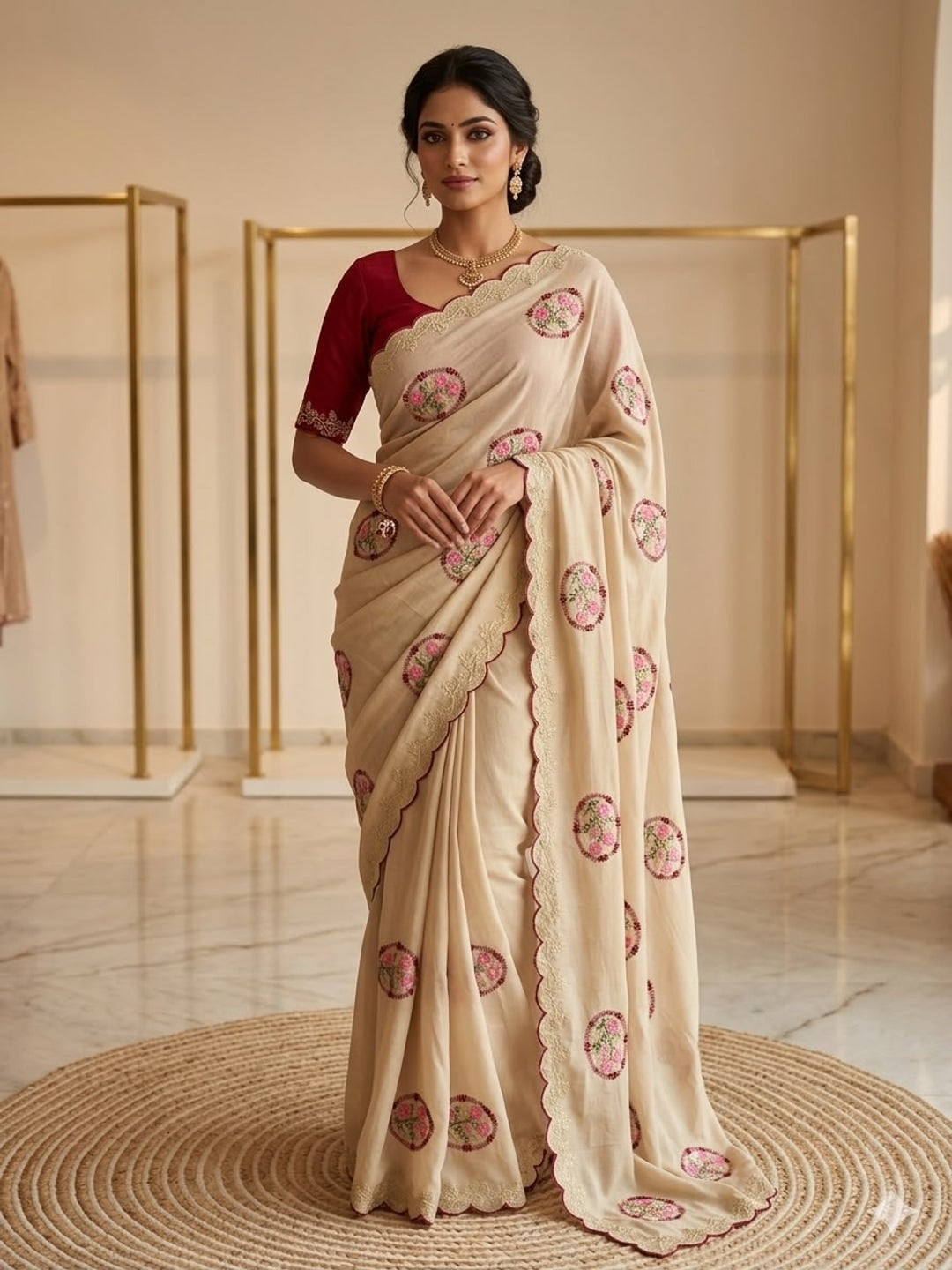 Peachmode Cream Star Georgette Saree with Embroidery Butta Work - Image 1