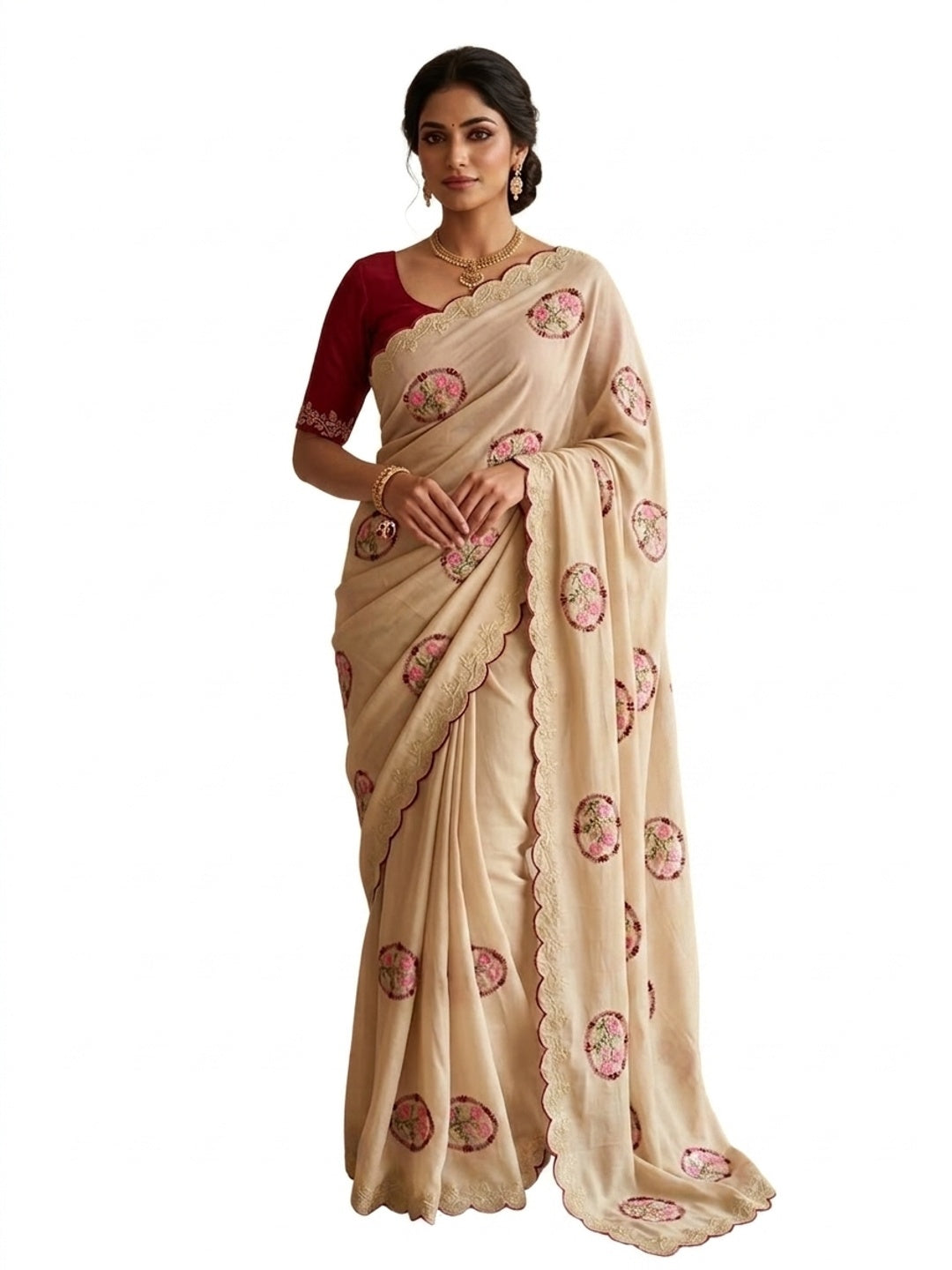 Peachmode Cream Star Georgette Saree with Embroidery Butta Work - Image 6