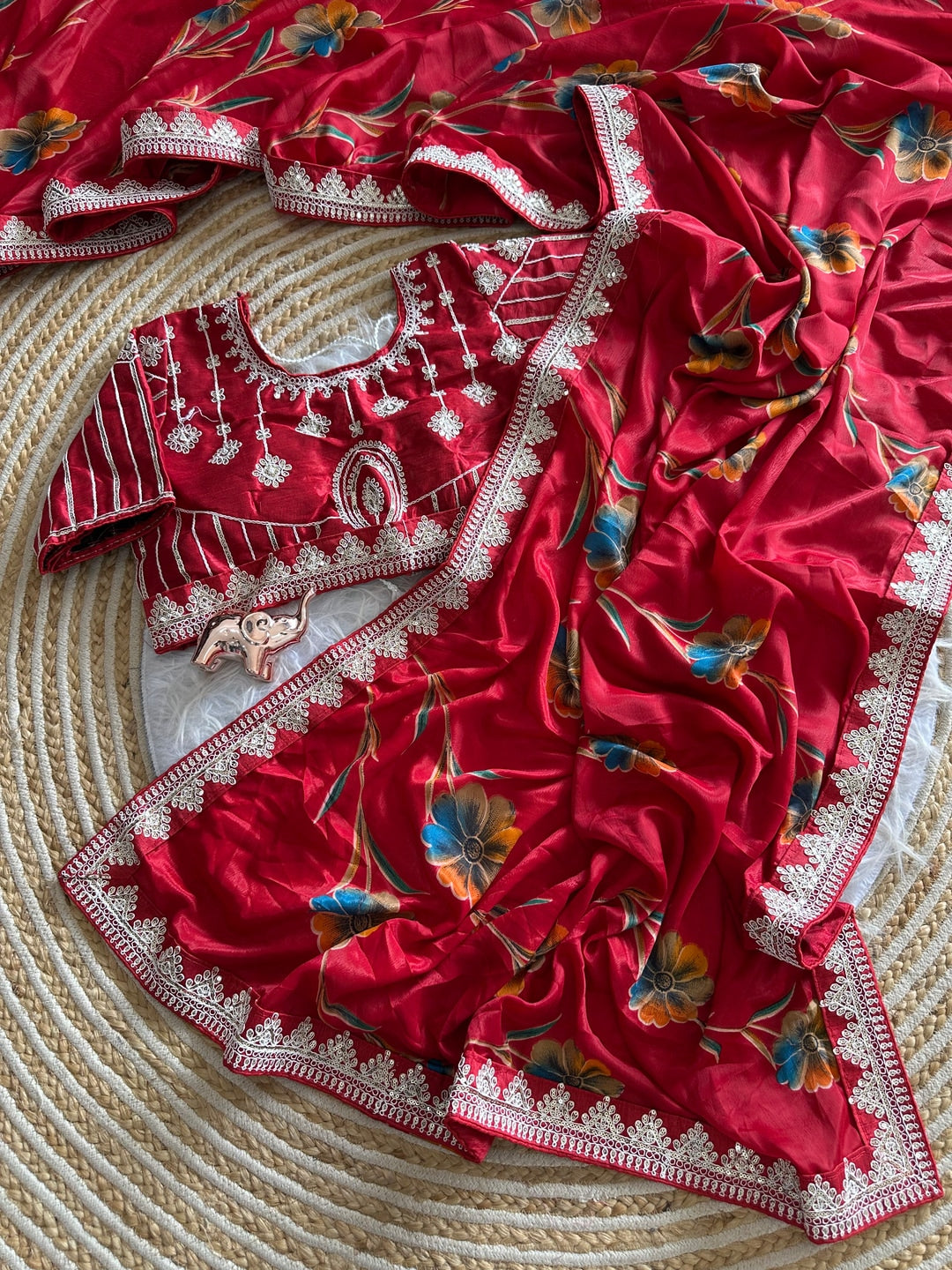 Peachmode Red Rich Look Silk Saree with Printed and Embroidered Border Work - Image 2