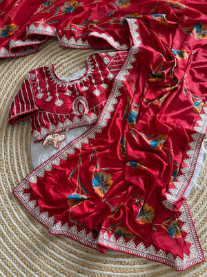 Peachmode Red Rich Look Silk Saree with Printed and Embroidered Border Work - Image 2