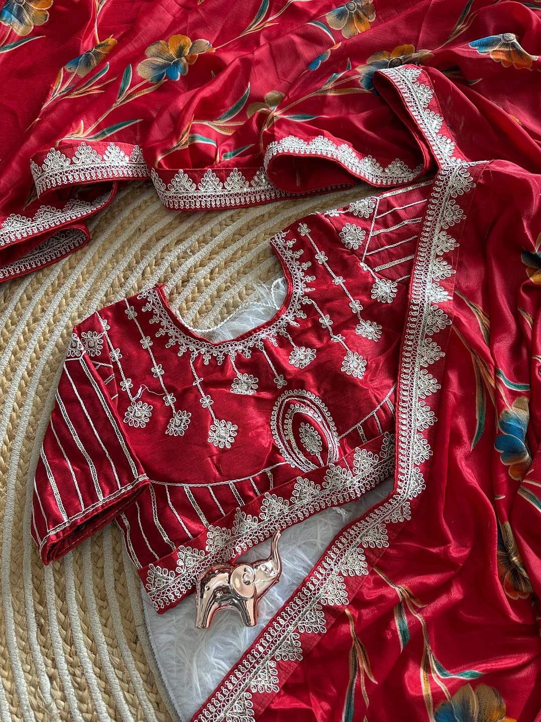 Peachmode Red Rich Look Silk Saree with Printed and Embroidered Border Work - Image 3