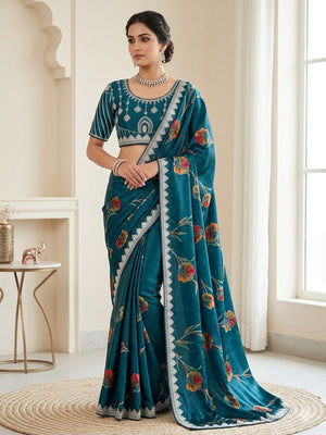 Peachmode Blue Rich Look Silk Saree with Printed and Embroidered Border Work - Image 1