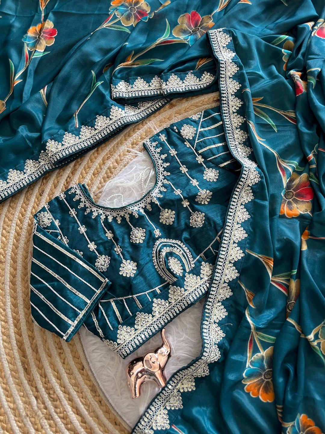 Peachmode Blue Rich Look Silk Saree with Printed and Embroidered Border Work - Image 4